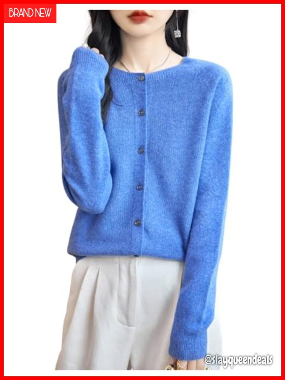 100% Merino Wool Cardigan Sweater Seamless Knit Crewneck Button